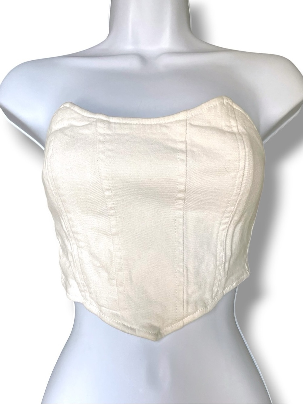 Adika White Denim Corset Tube Top Strapless Bustier Button Back Crop Top XS